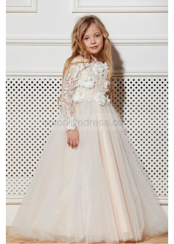 Long Sleeves Ivory Lace Tulle Pearls Floor Length Flower Girl Dress